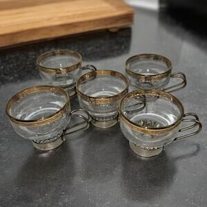 Vintage Etched Glass Cups w/ Metal Holders & Gold Rim Scroll Design Set of 5